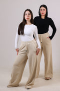 OTY Wide-Leg Ribbed Sweatpants –Beige