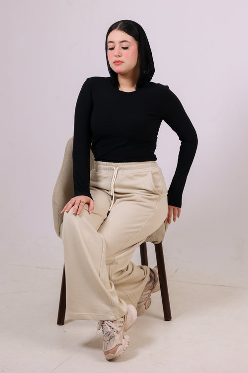 OTY Wide-Leg Ribbed Sweatpants –Beige