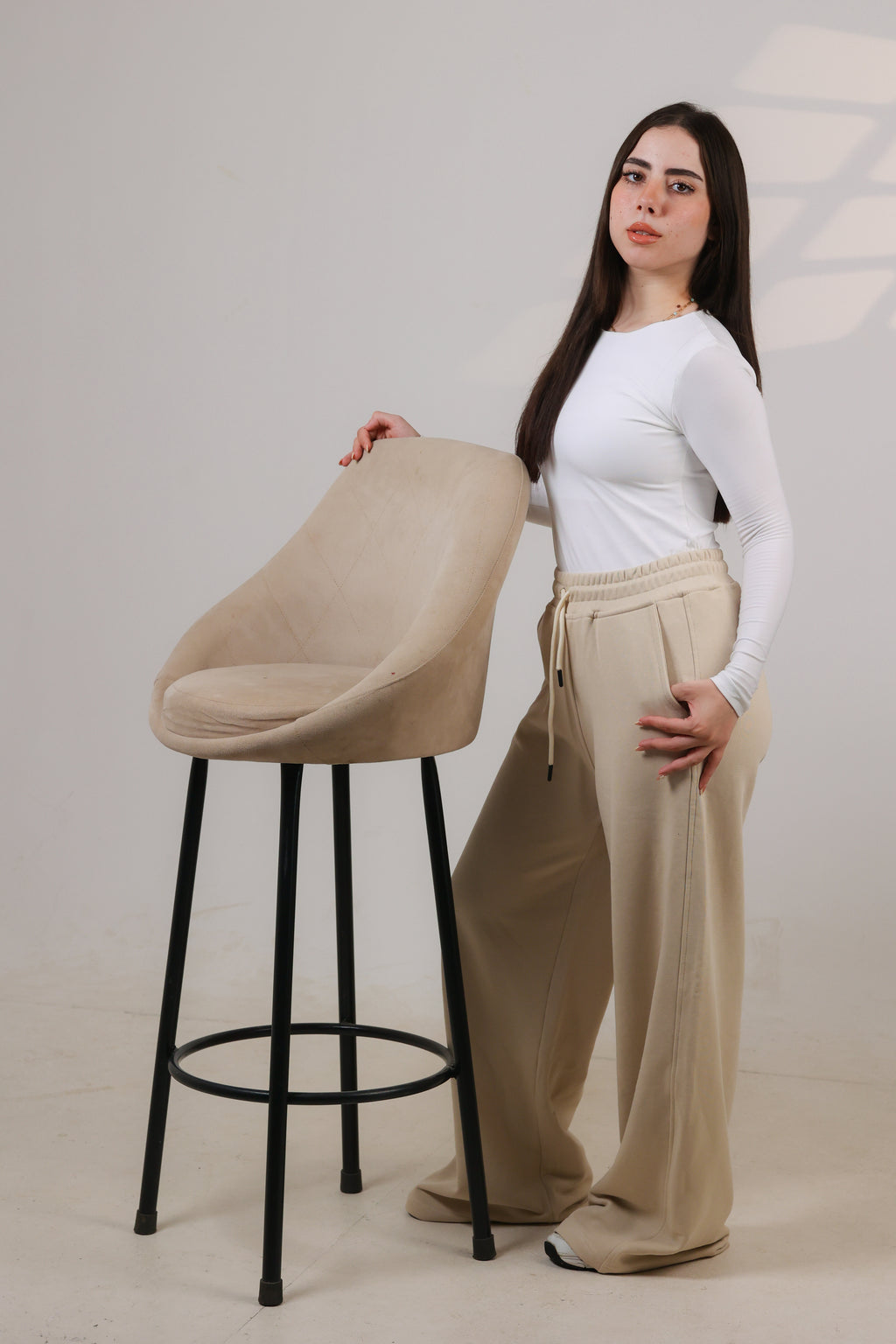 OTY Wide-Leg Ribbed Sweatpants –Beige